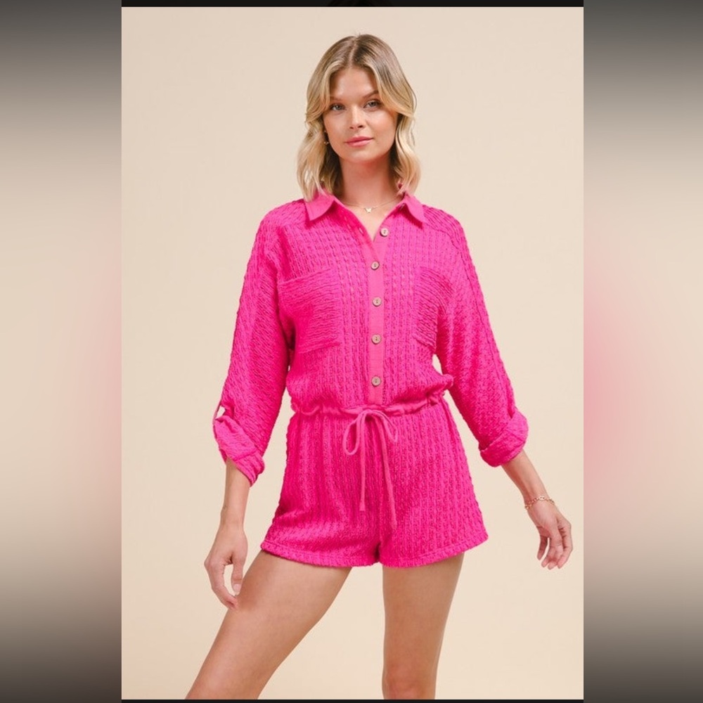 So Me Pink Textured Button-Up Romper small NWT